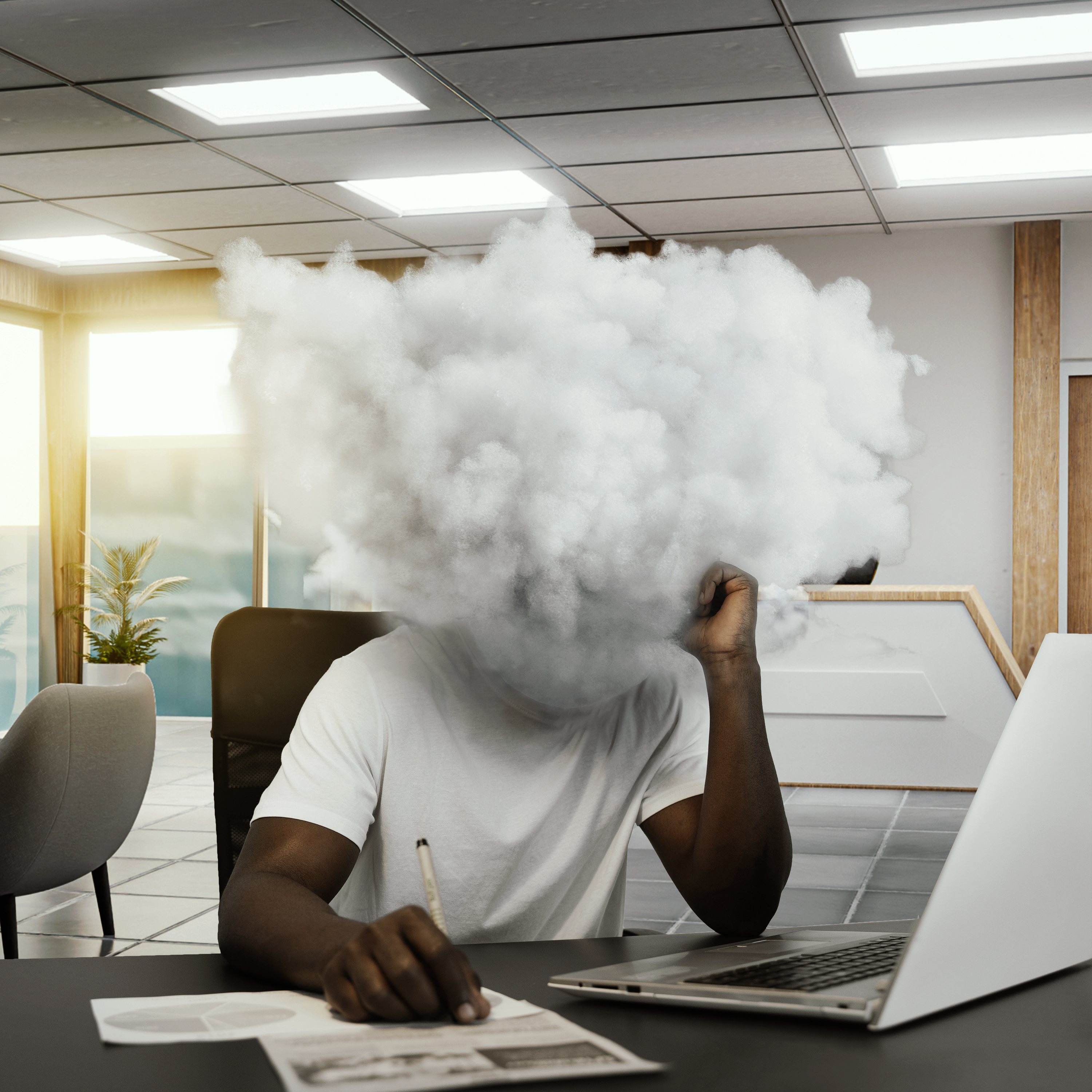 Founder thinking with head dissipating like smoke